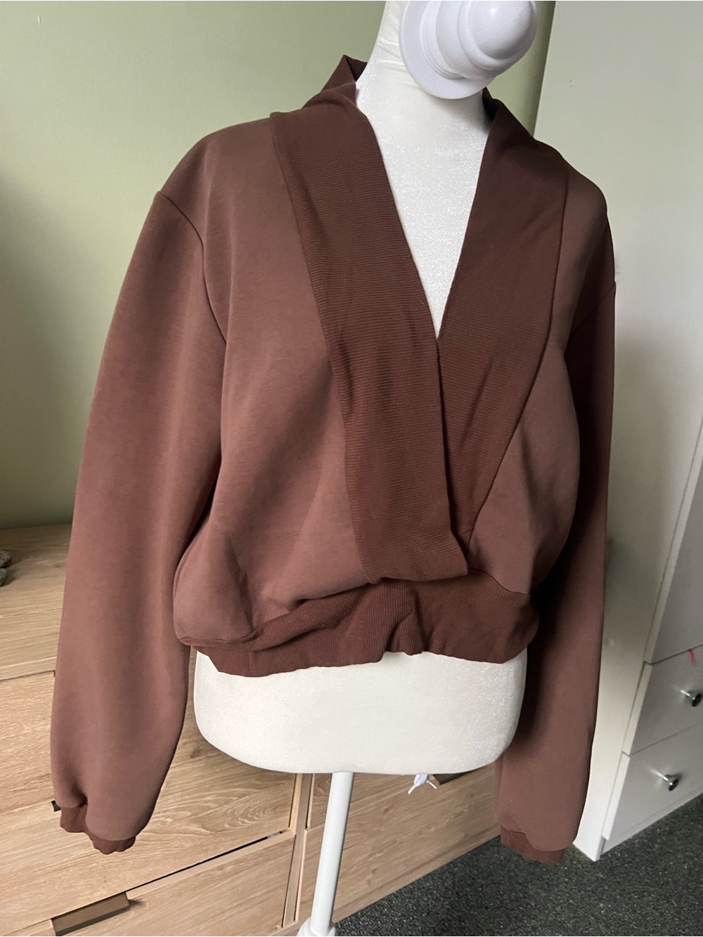 Brown V-Neck Plunge Shrug Style Long-sleeve Cozy Sweater Sweatshirt Loungewear L - Picture 3 of 16